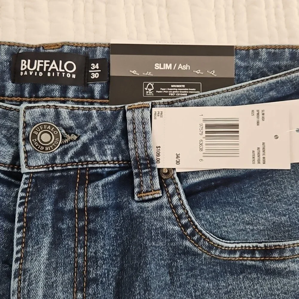 Buffalo David Bitton Ash Jeans Men's 34x30 Med Wash NEW Slim‎ Straight Stretch